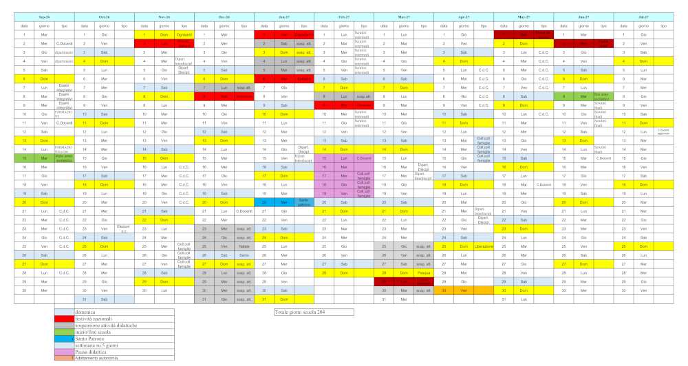 Calendario scolastico 2026 - 2027